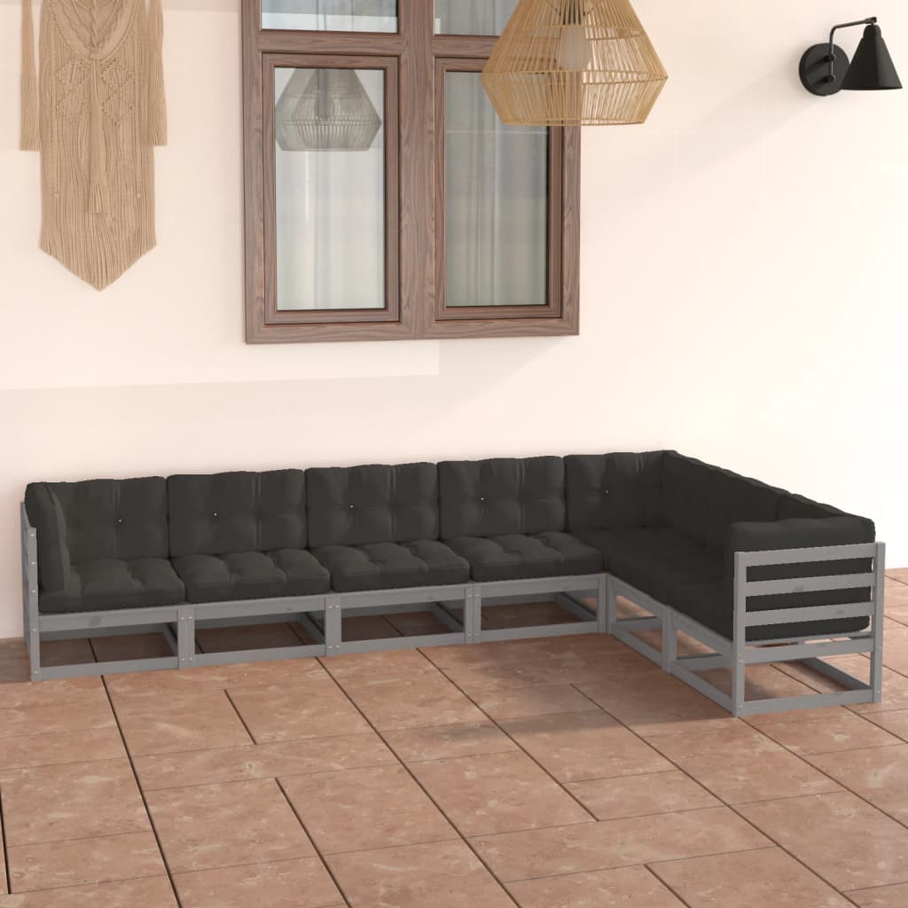 7pcs conjunto lounge de jardim c/ almofadões pinho maciço cinza