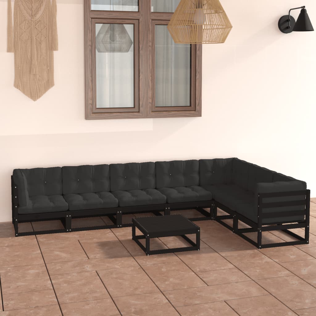 8 pcs conjunto lounge jardim c/ almofadões pinho maciço preto