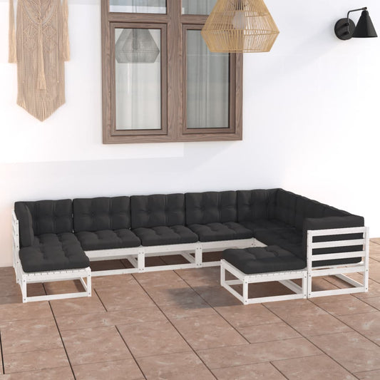 9 pcs conj. lounge de jardim c/ almofadões pinho maciço branco