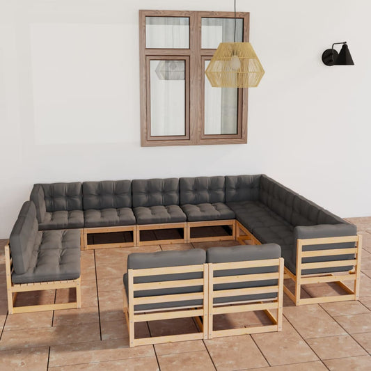 12 pcs conjunto lounge de jardim com almofadões pinho maciço