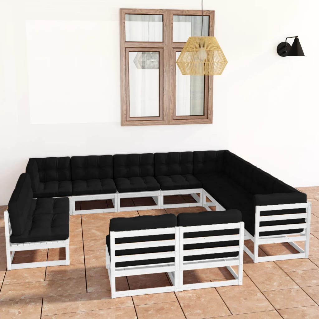 12 pcs conj. lounge de jardim c/ almofadões pinho maciço branco