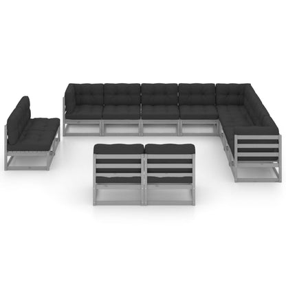 12pcs conjunto lounge de jardim + almofadões pinho maciço cinza