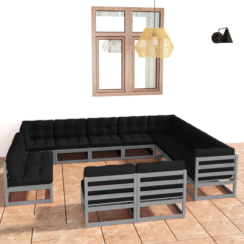 12pcs conjunto lounge de jardim + almofadões pinho maciço cinza