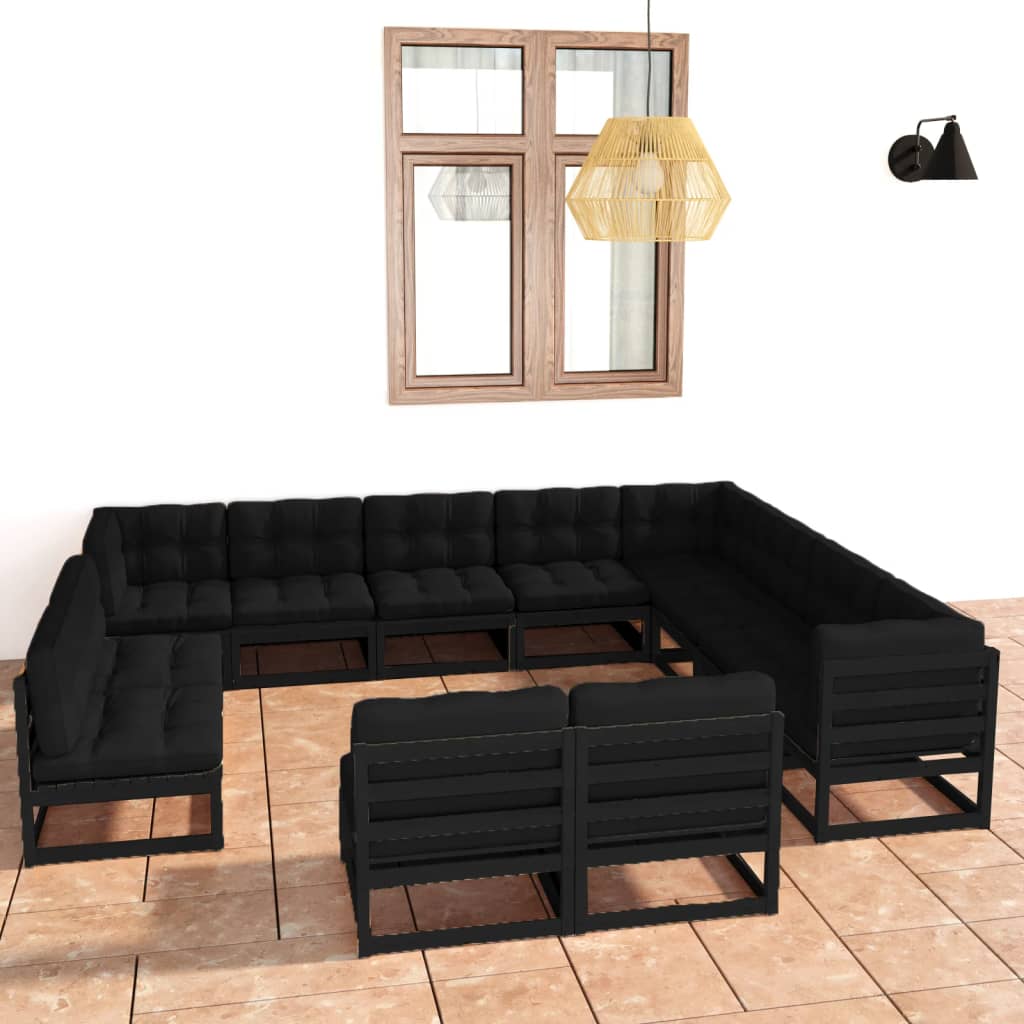 12 pcs conjunto longue jardim c/ almofadões pinho maciço preto