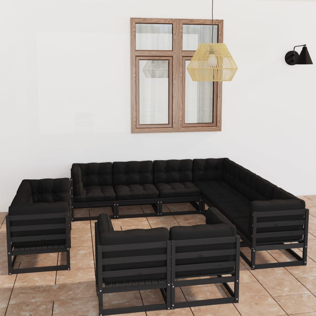 11pcs conj. longue de jardim c/ almofadões pinho maciço preto