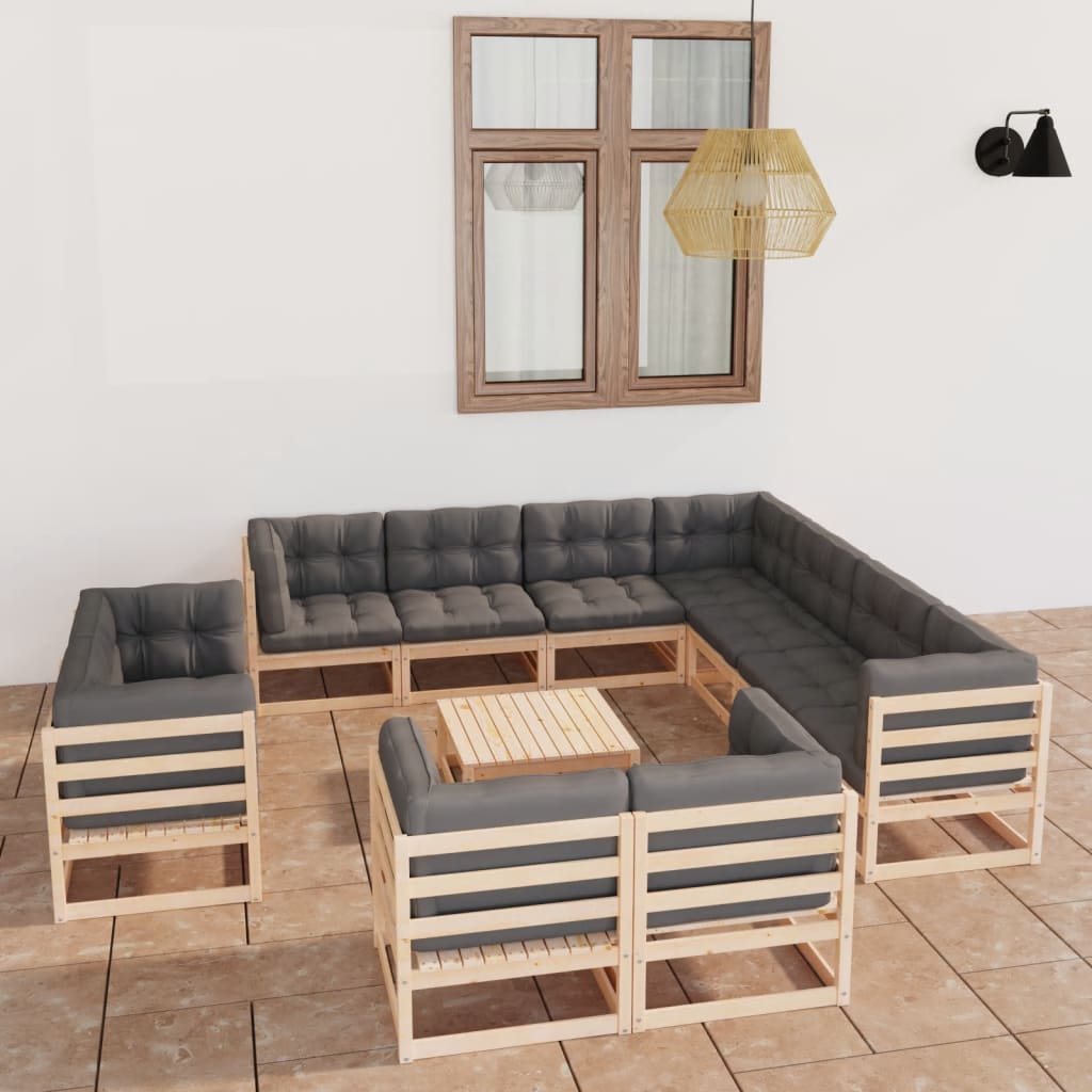 12 pcs conjunto lounge de jardim com almofadões pinho maciço