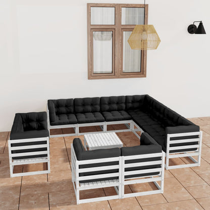 12 pcs conj. lounge de jardim c/ almofadões pinho maciço branco