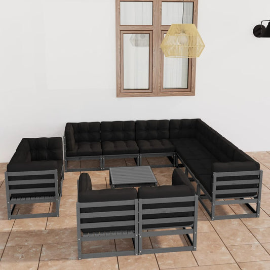 12pcs conjunto lounge de jardim + almofadões pinho maciço cinza