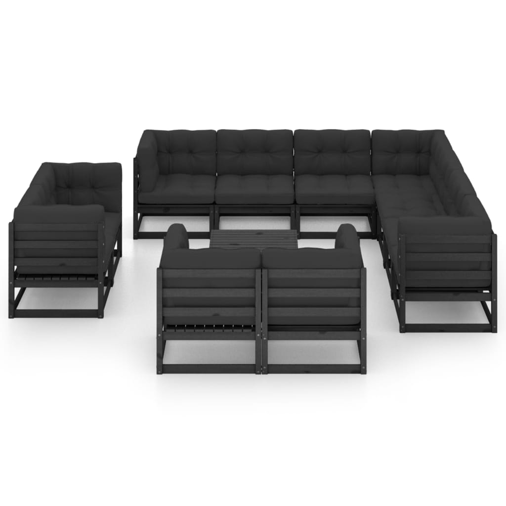 12 pcs conjunto lounge jardim c/ almofadões pinho maciço preto