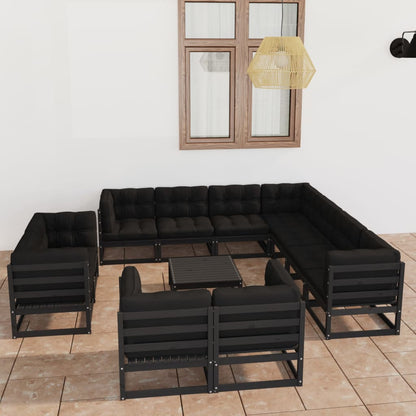 12 pcs conjunto lounge jardim c/ almofadões pinho maciço preto