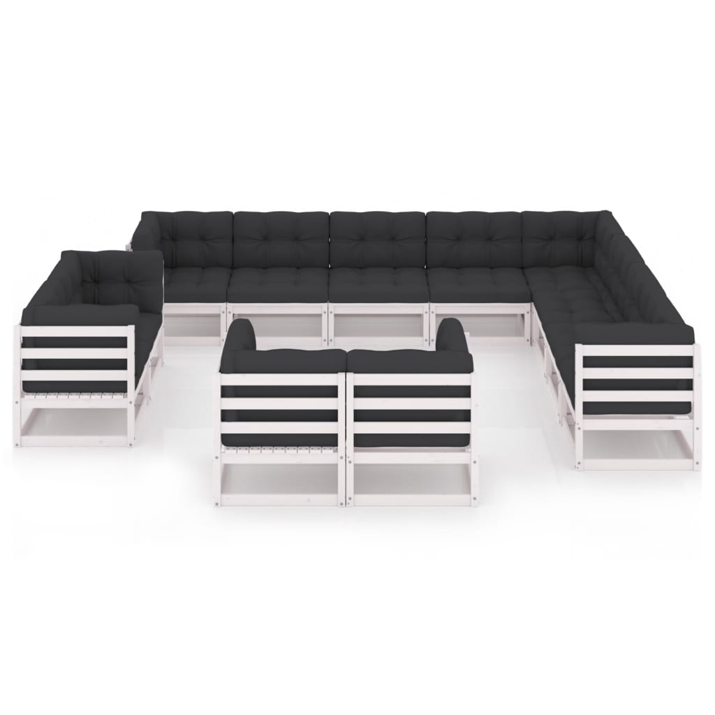 12 pcs conj. lounge de jardim c/ almofadões pinho maciço branco