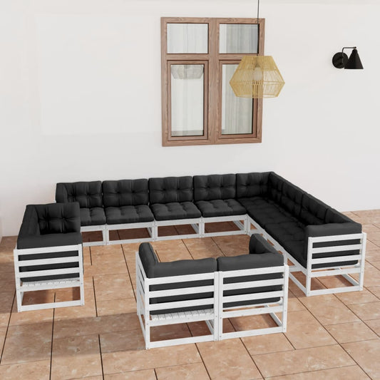 12 pcs conj. lounge de jardim c/ almofadões pinho maciço branco