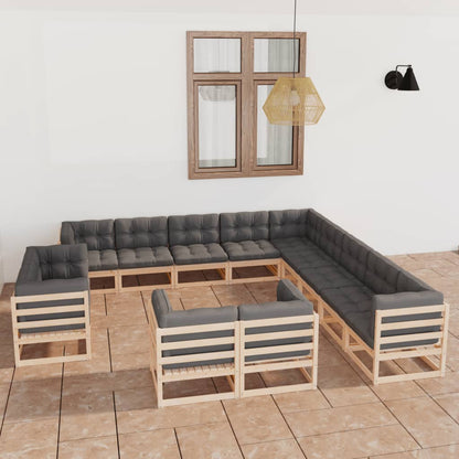 13 pcs conjunto lounge de jardim c/ almofadões pinho maciço