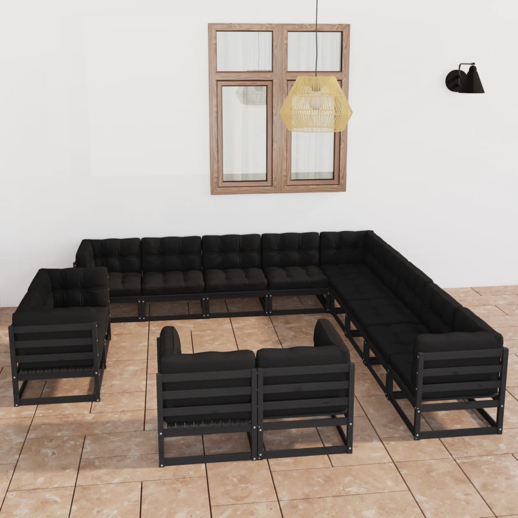 13 pcs conjunto longue jardim c/ almofadões pinho maciço preto