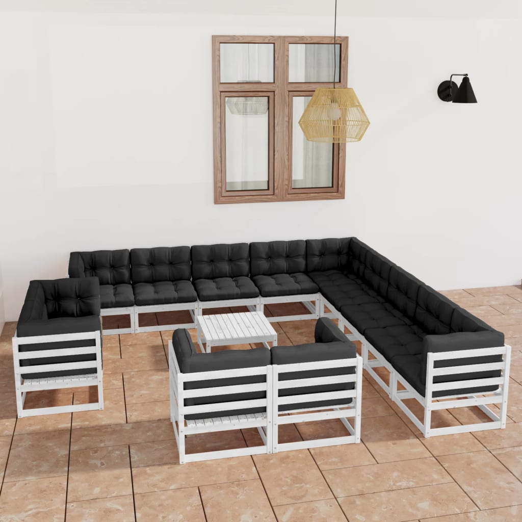 14 pcs conj. lounge de jardim c/ almofadões pinho maciço branco