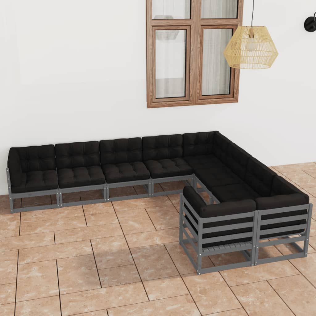 9pcs conjunto lounge de jardim c/ almofadões pinho maciço cinza