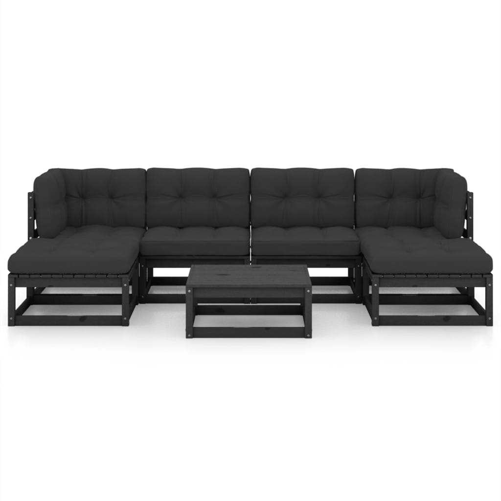 7pcs conjunto lounge de jardim c/ almofadões pinho maciço preto