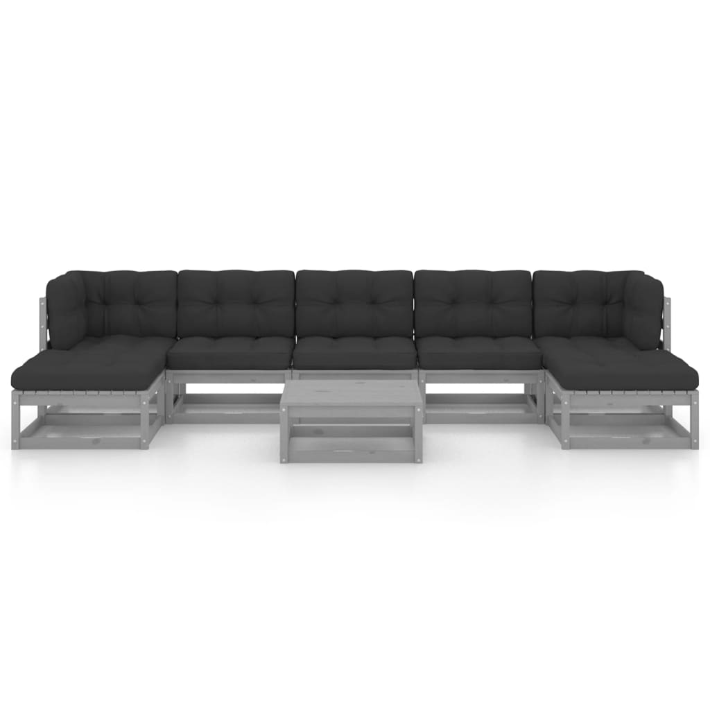 8pcs conjunto lounge de jardim c/ almofadões pinho maciço cinza