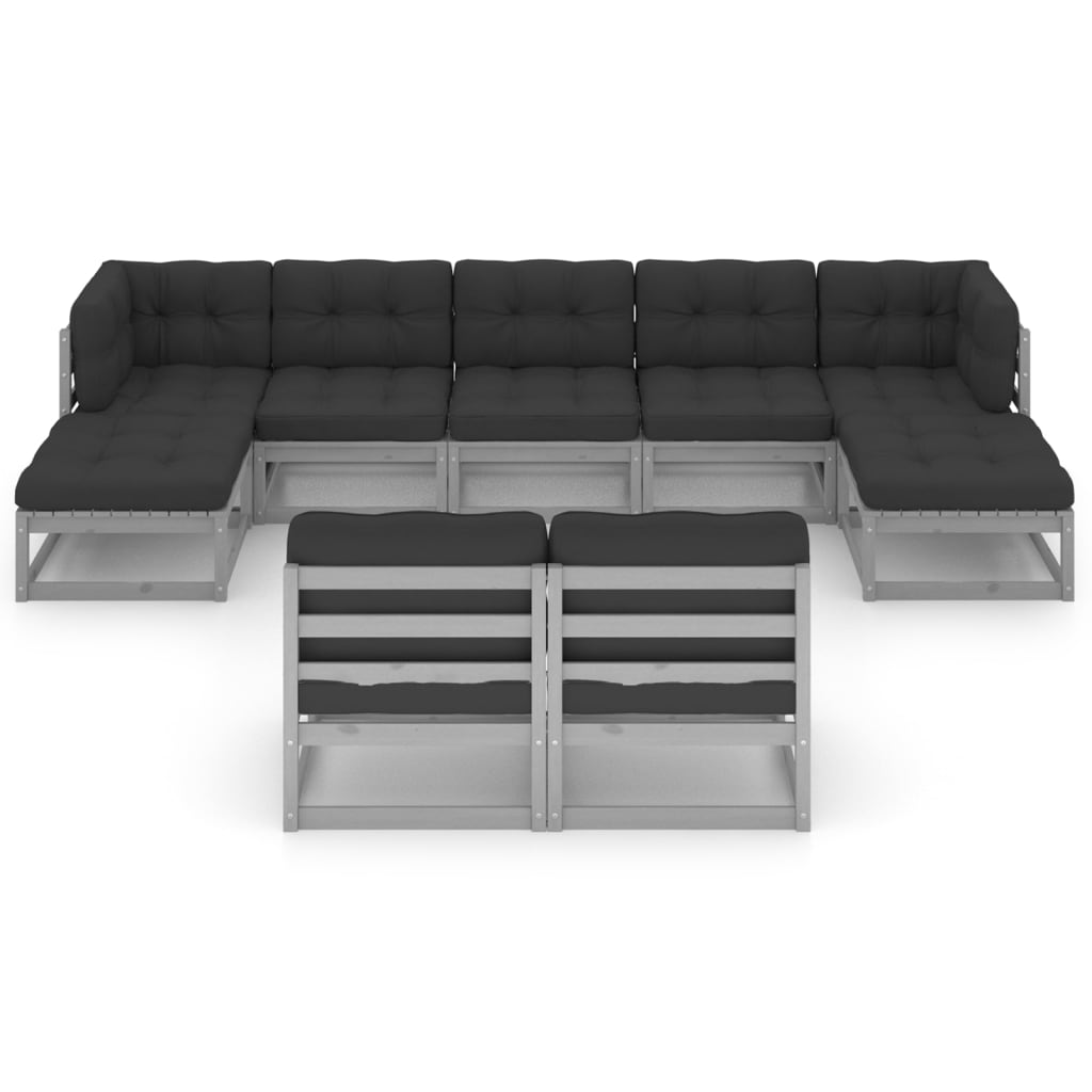 9pcs conjunto lounge de jardim c/ almofadões pinho maciço cinza