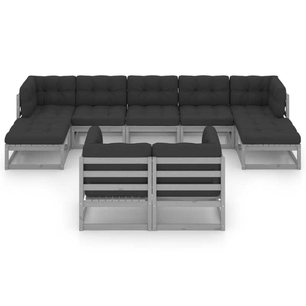 9pcs conjunto lounge de jardim c/ almofadões pinho maciço cinza