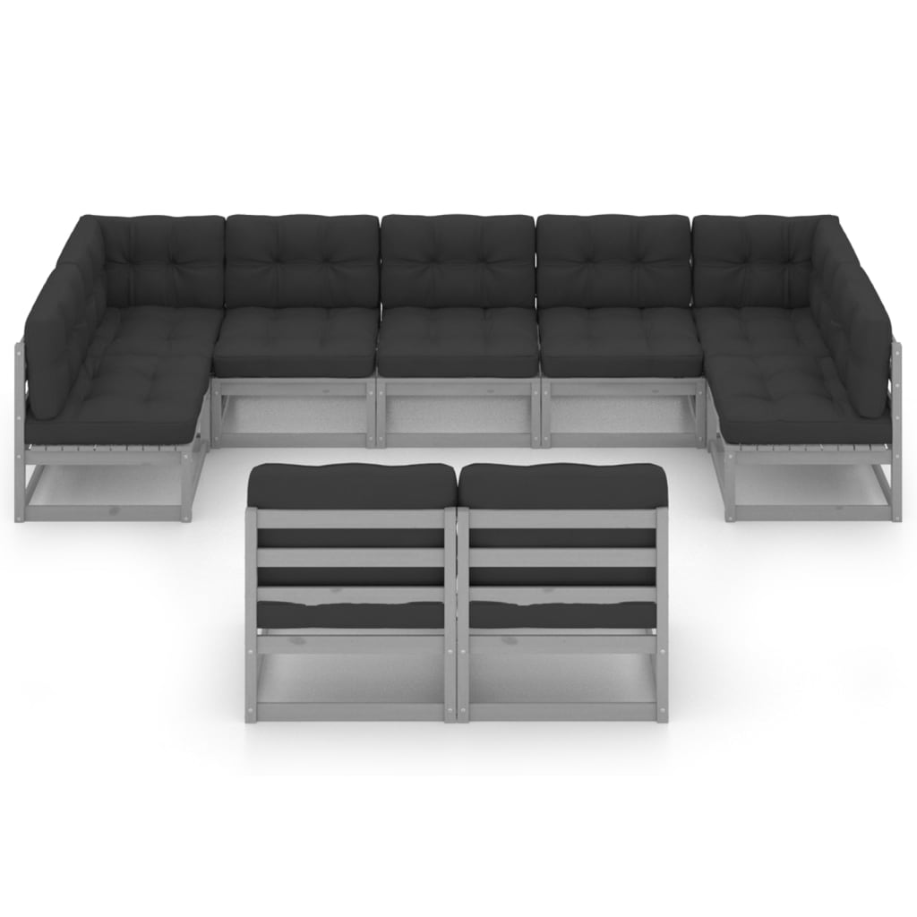 9pcs conjunto lounge de jardim c/ almofadões pinho maciço cinza