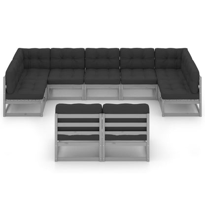 9pcs conjunto lounge de jardim c/ almofadões pinho maciço cinza