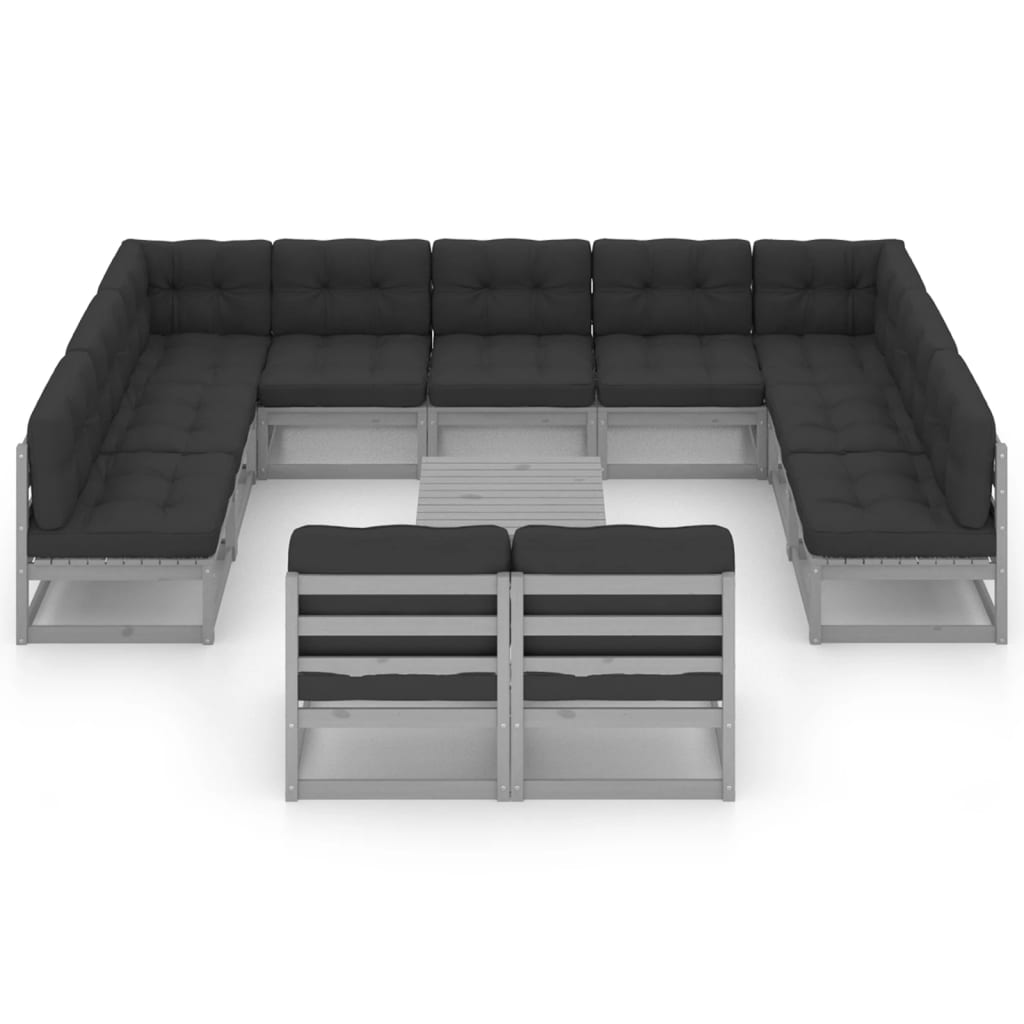 12pcs conjunto lounge de jardim + almofadões pinho maciço cinza