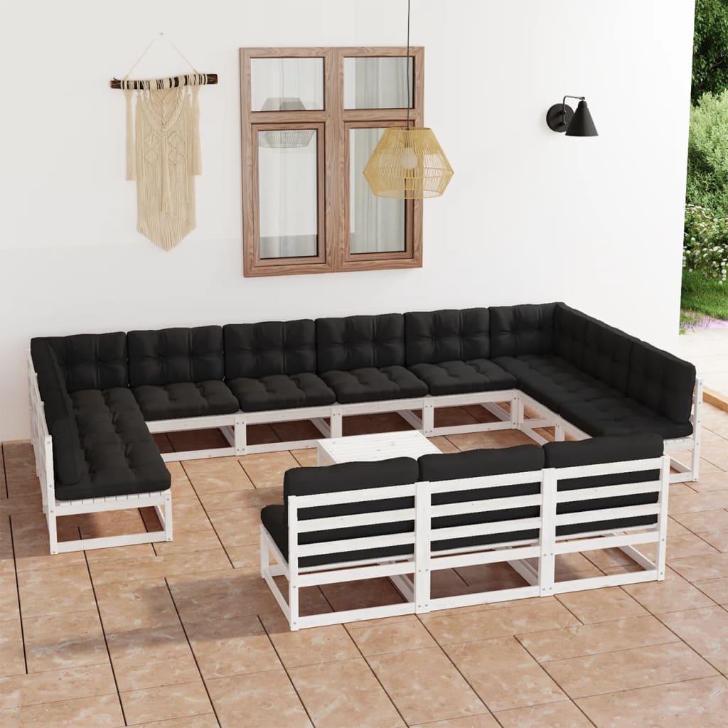 14 pcs conj. lounge de jardim c/ almofadões pinho maciço branco