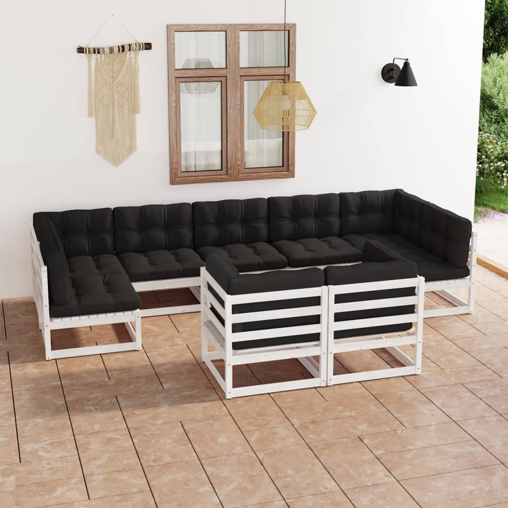 9 pcs conj. lounge de jardim c/ almofadões pinho maciço branco