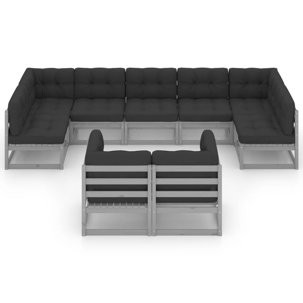 9pcs conjunto lounge de jardim c/ almofadões pinho maciço cinza