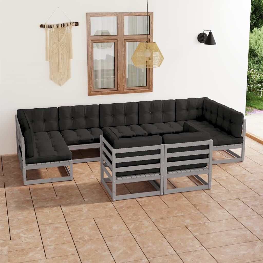 9pcs conjunto lounge de jardim c/ almofadões pinho maciço cinza