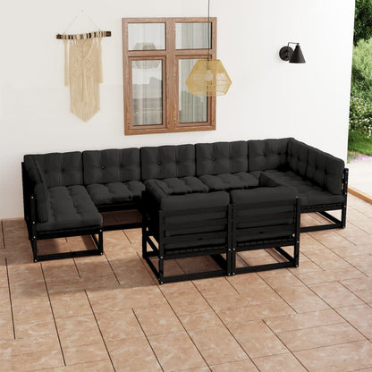 9pcs conjunto longue de jardim c/ almofadões pinho maciço preto