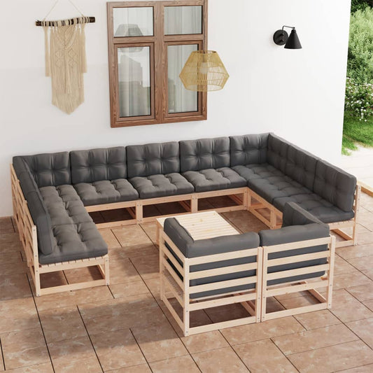 12 pcs conjunto lounge de jardim com almofadões pinho maciço