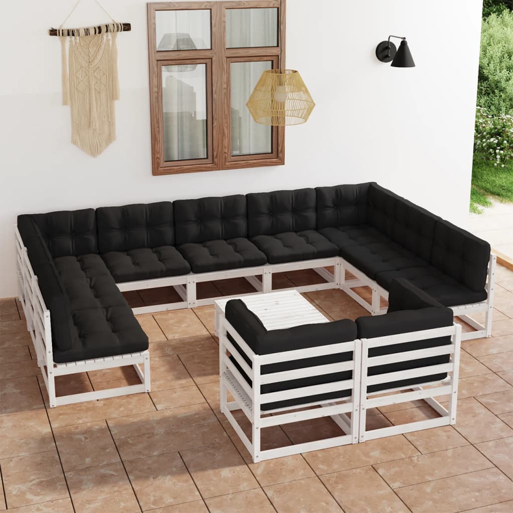 12 pcs conj. lounge de jardim c/ almofadões pinho maciço branco