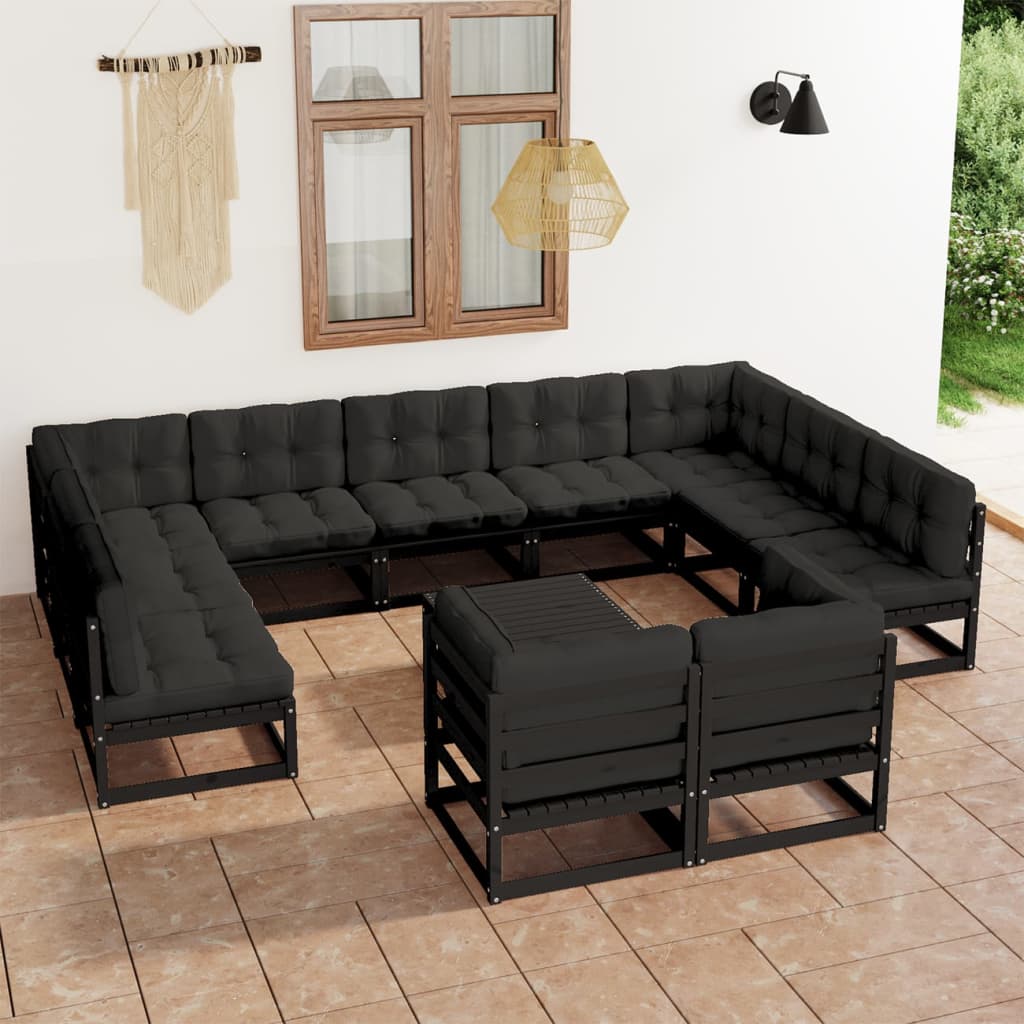 12 pcs conjunto longue jardim c/ almofadões pinho maciço preto