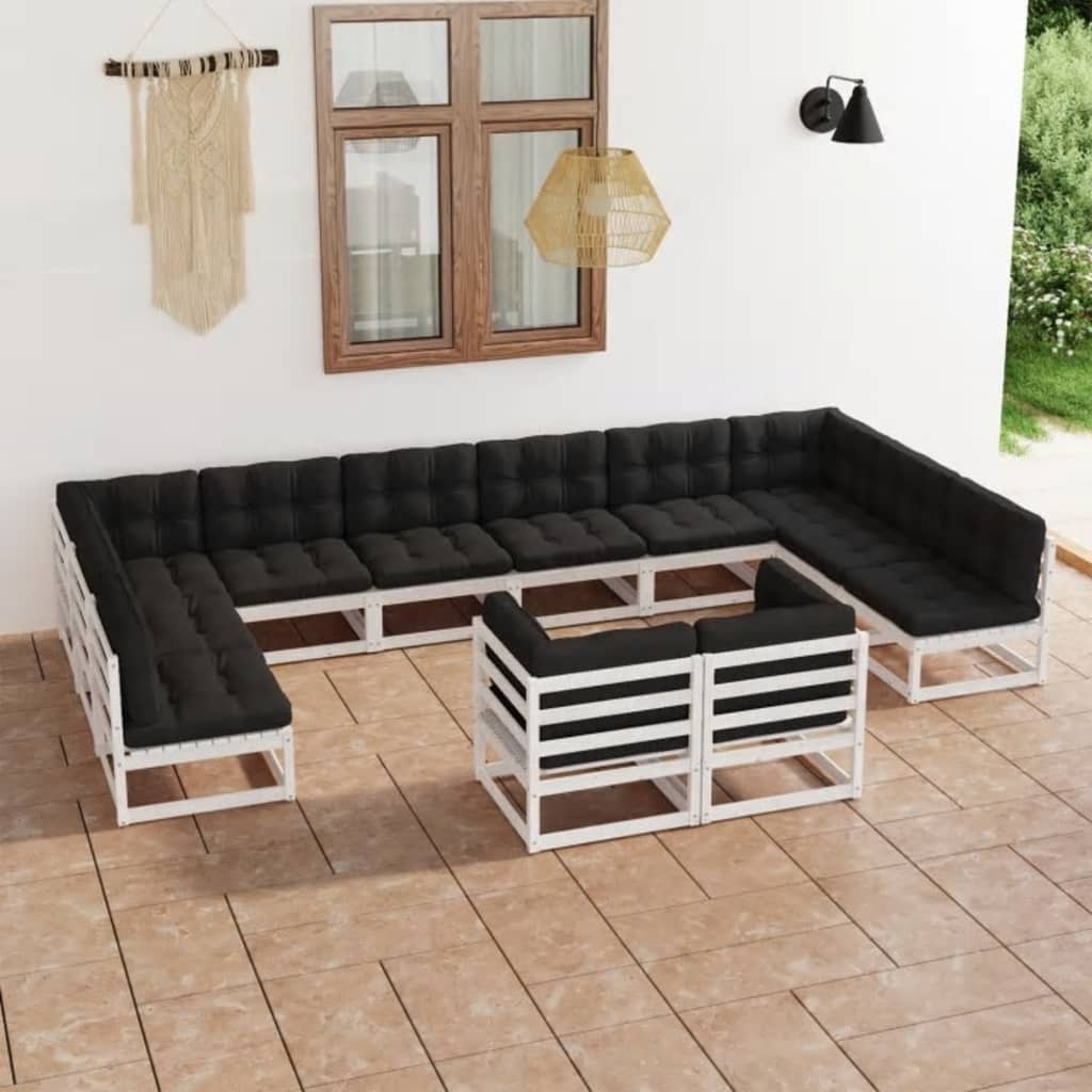 12 pcs conj. lounge de jardim c/ almofadões pinho maciço branco