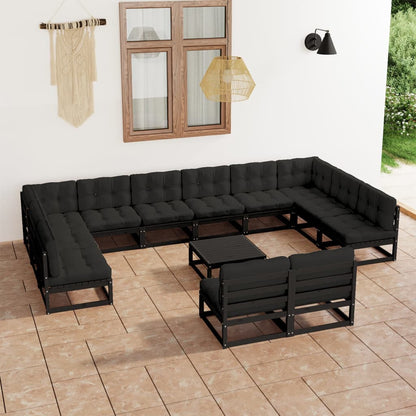 13 pcs conjunto longue jardim c/ almofadões pinho maciço preto