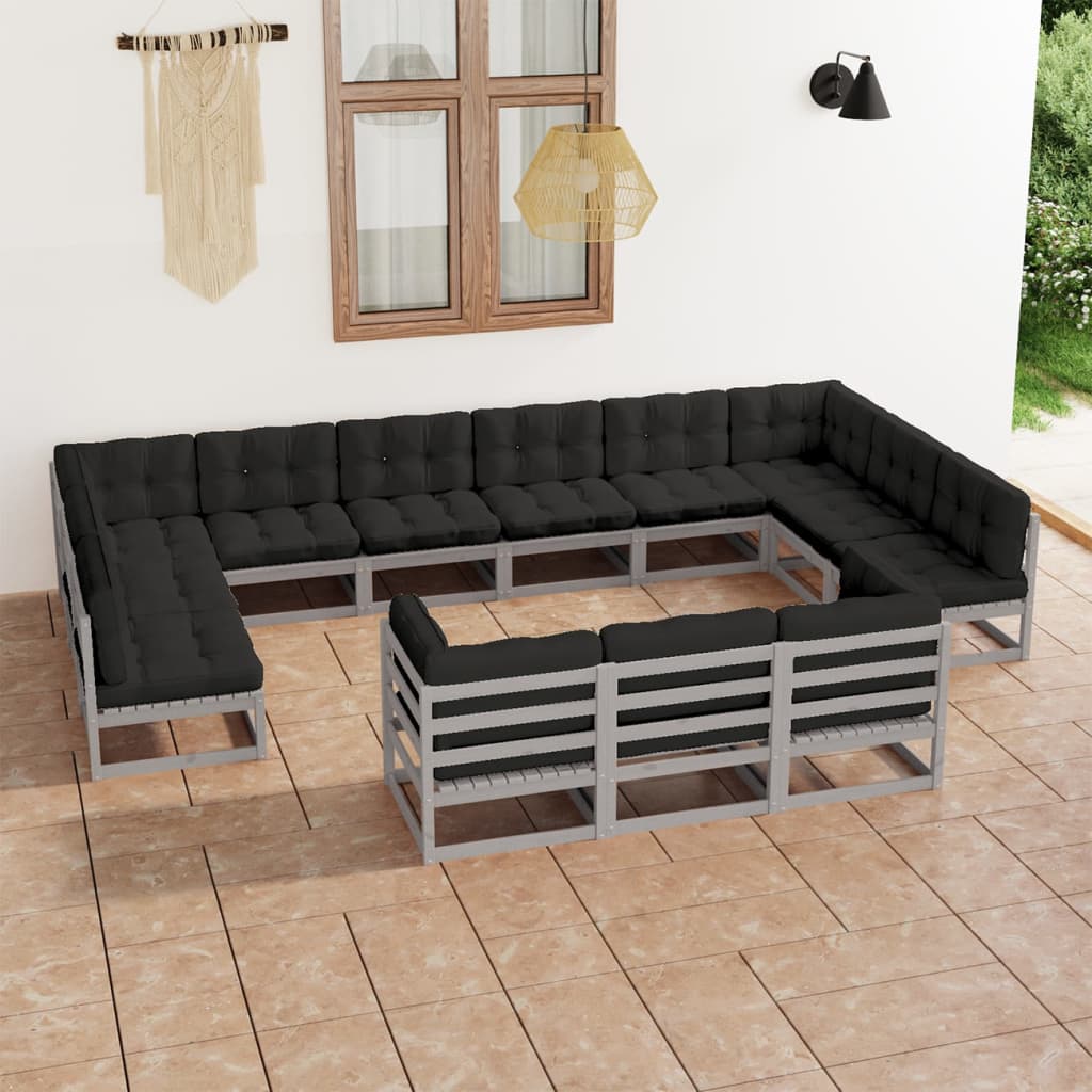 13 pcs conj. lounge jardim c/ almofadões pinho maciço cinzento