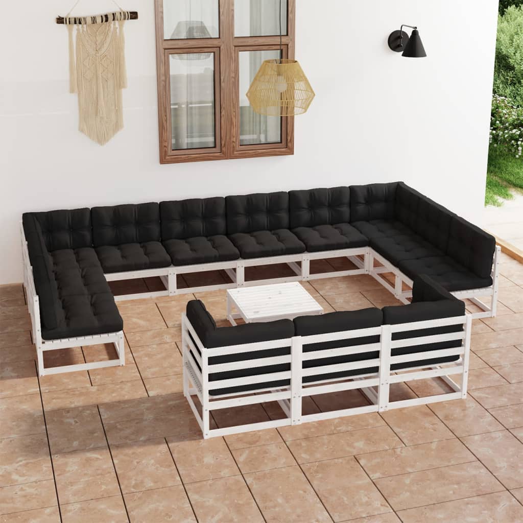 14 pcs conj. lounge de jardim c/ almofadões pinho maciço branco