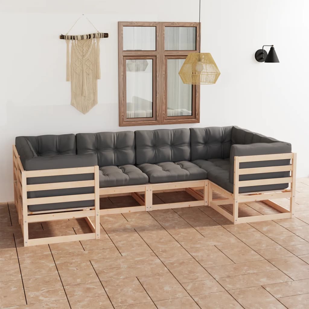 6 pcs conjunto lounge de jardim com almofadões pinho maciço