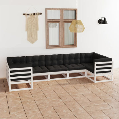 7 pcs conj. lounge de jardim c/ almofadões pinho maciço branco