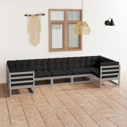 7pcs conjunto lounge de jardim c/ almofadões pinho maciço cinza