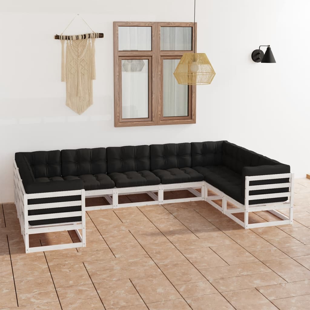 9 pcs conj. lounge de jardim c/ almofadões pinho maciço branco