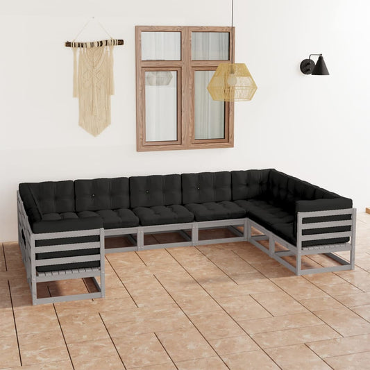 9pcs conjunto lounge de jardim c/ almofadões pinho maciço cinza