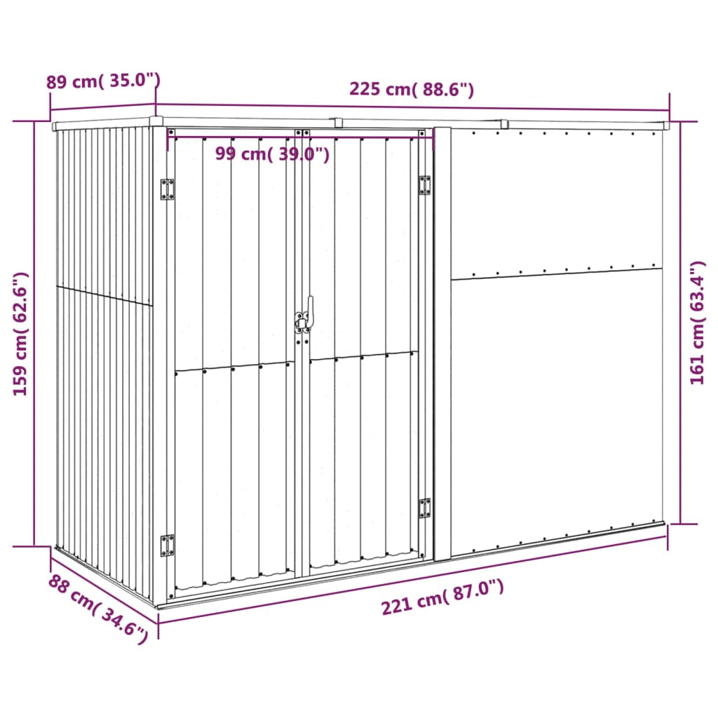 Abrigo ferramentas jardim 225x89x161cm aço galvanizado verde