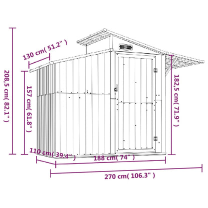 Abrigo de jardim 270x130x208,5 cm aço galvanizado cinzento