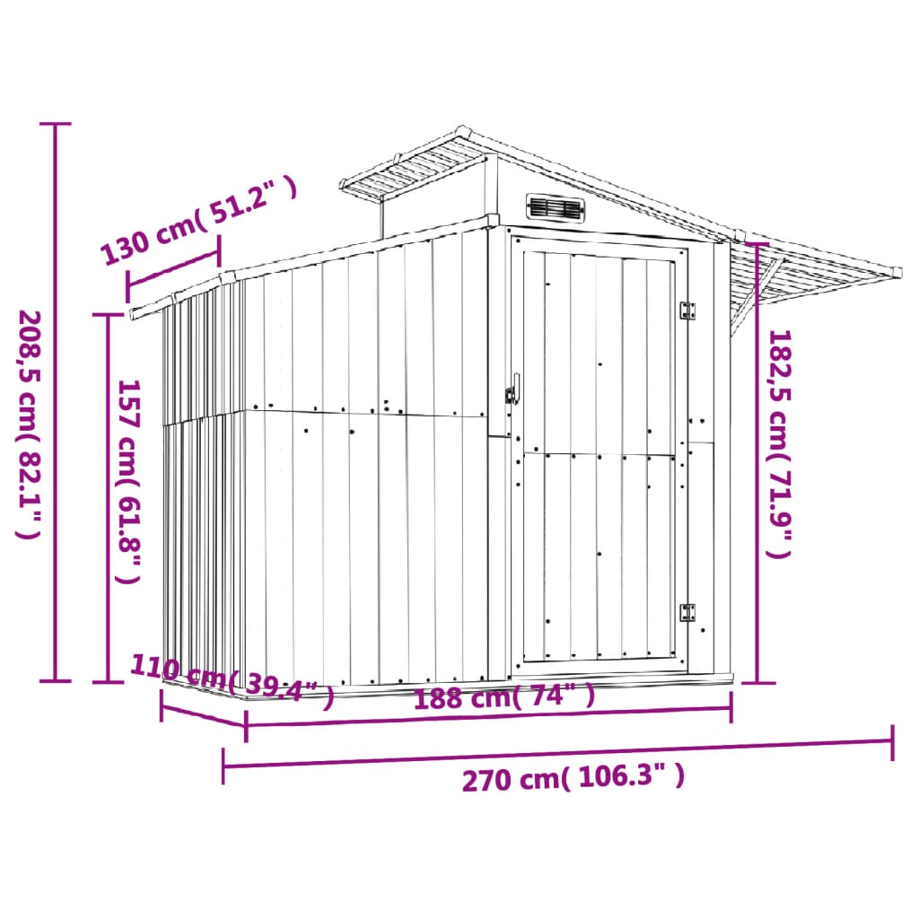 Abrigo de jardim 270x130x208,5 cm aço galvanizado antracite