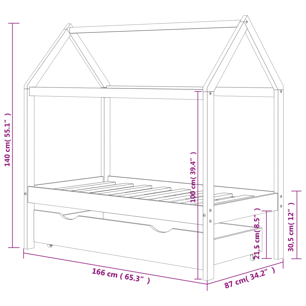 Estrutura de cama para crianças c/ gaveta 80x160cm pinho maciço