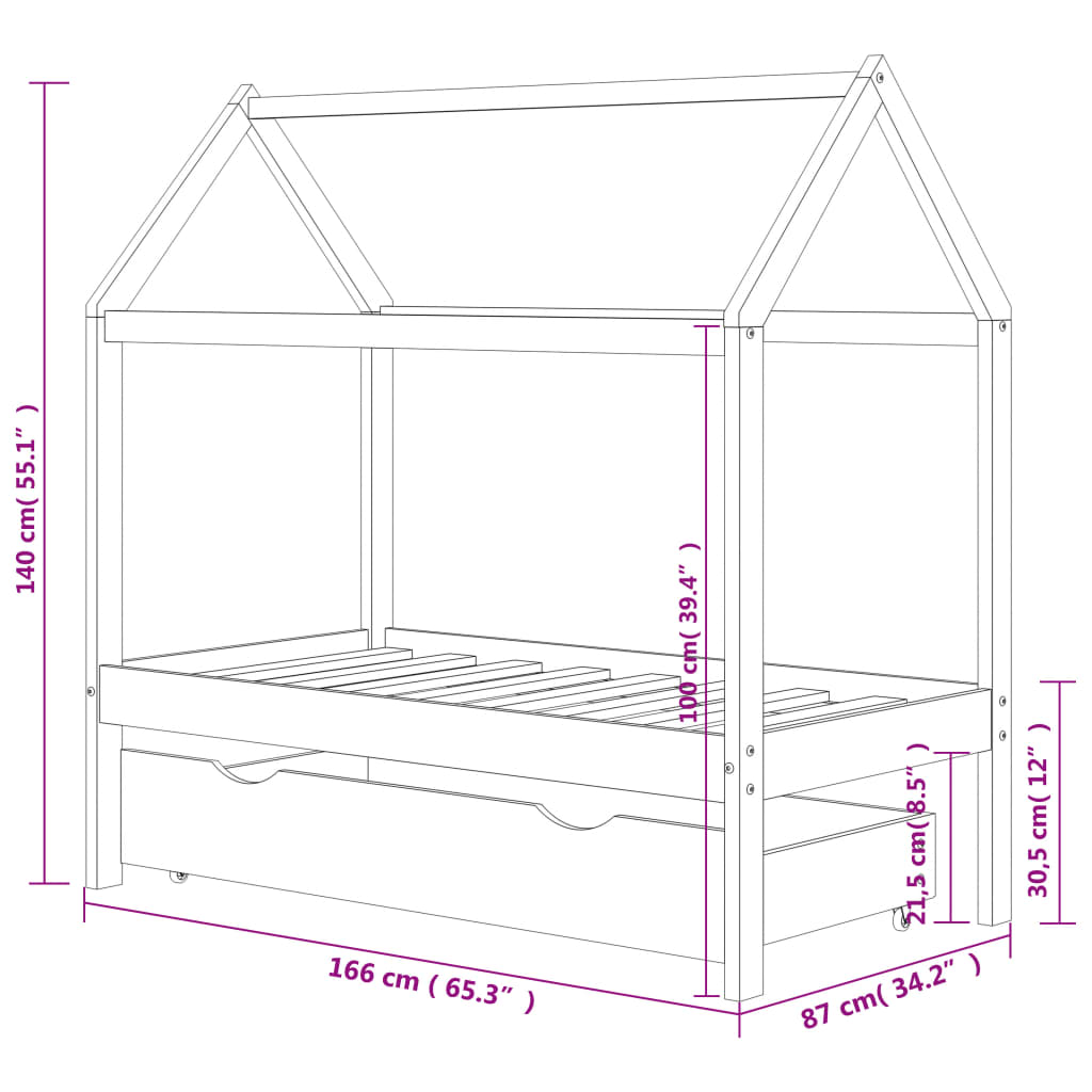 Cama p/ crianças c/ gaveta 80x160 cm pinho maciço cinza-escuro