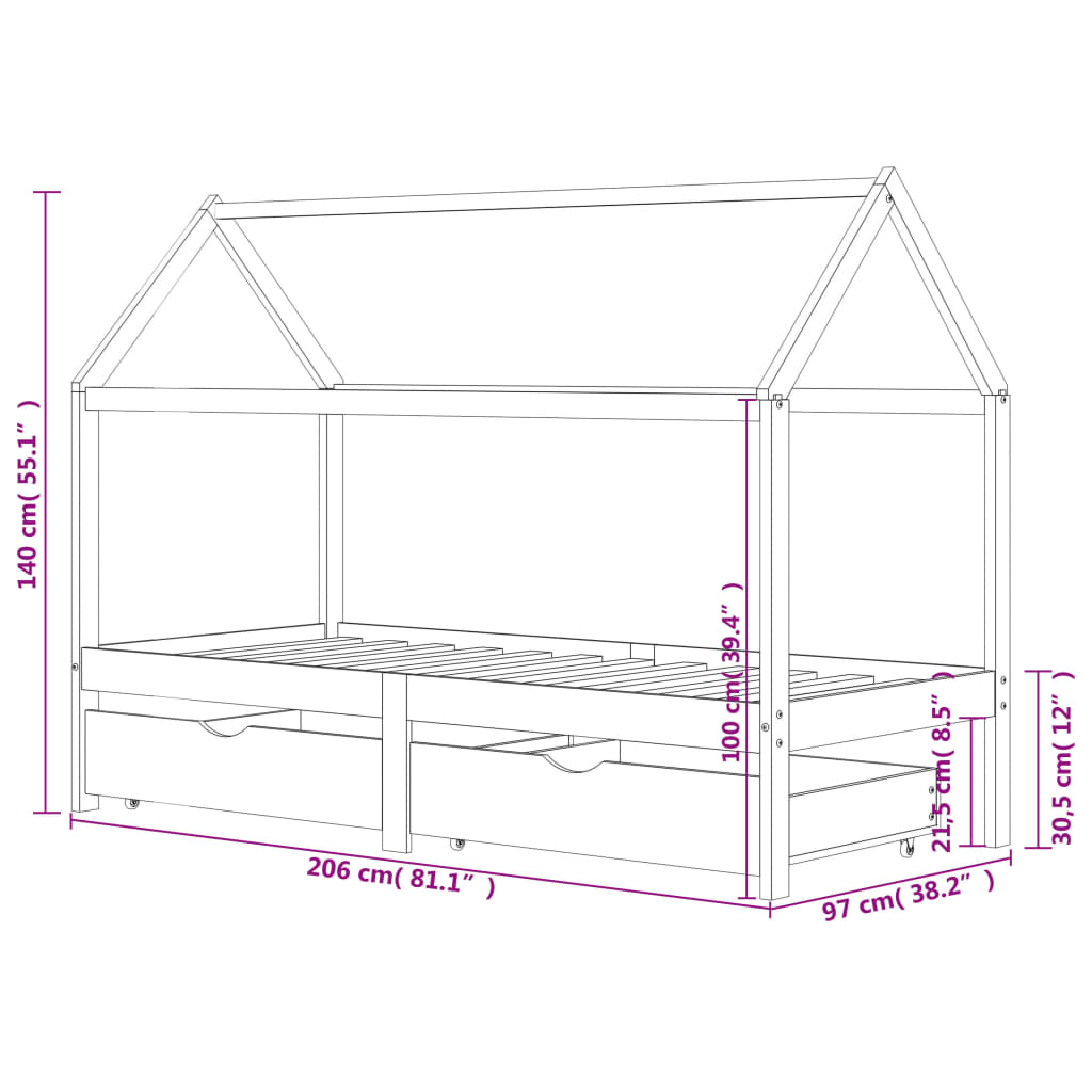 Cama p/ crianças c/ gavetas 90x200 cm pinho maciço cinza-escuro